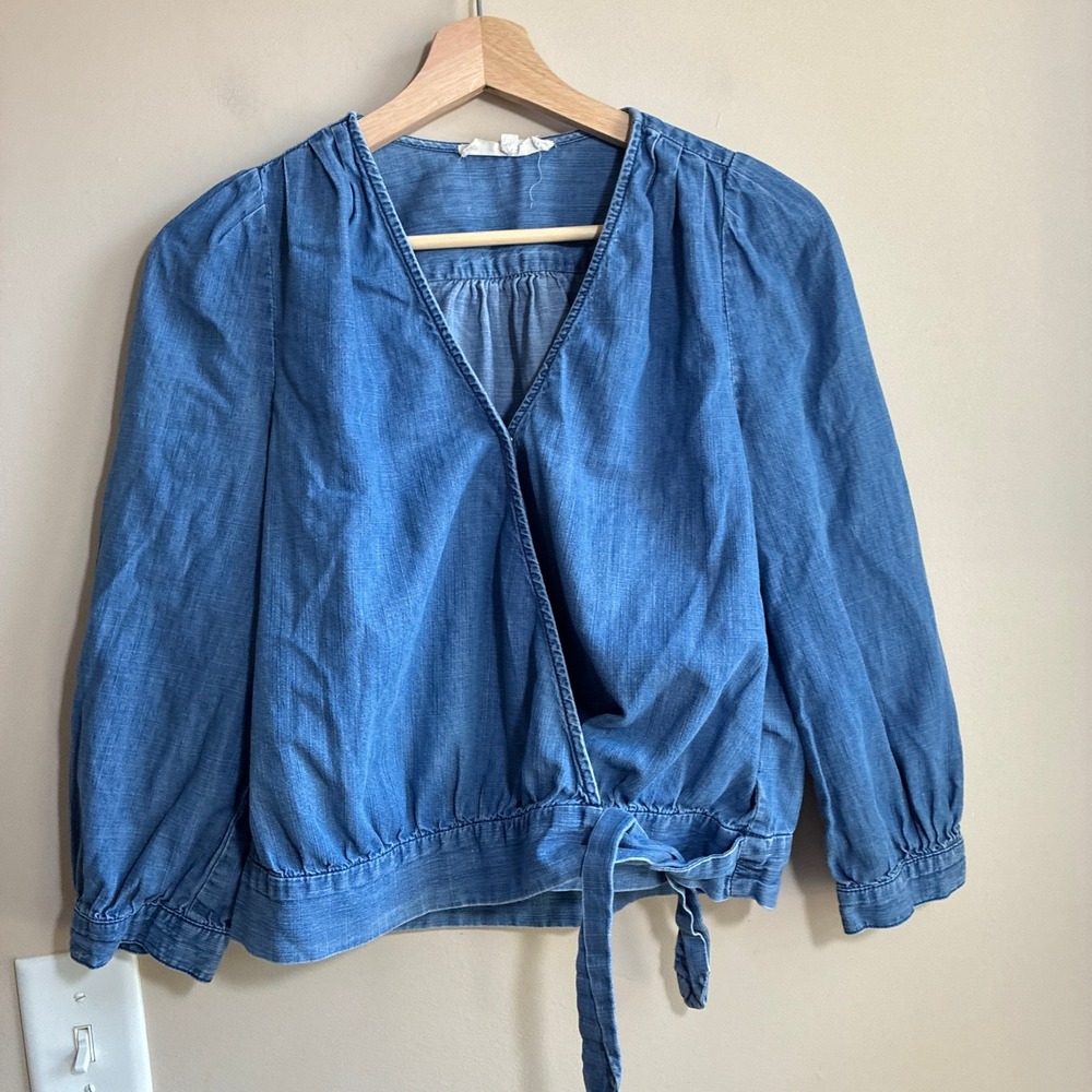 Madewell Chambray Wrap Top Small Blue Womens Cotton Lyocell Tie Waist Blouse - Picture 1 of 8